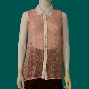 MONTEAU Anthropologie Gingham Sheer Button Down High-Low Sleeveless Blouse